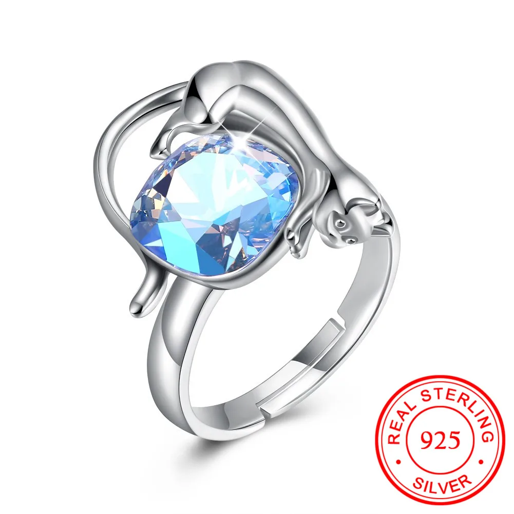 

925 Sterling Silver Blue Austrian Crystal Cat Kitty Rings Women Female Vintage Statement Jewelry for Lover Wedding Gift