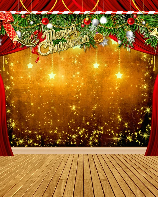 

Gold Stars Red Curtains Wood Floor Photography Backgrounds High-grade Vinyl cloth Computer printed christmas backdrop