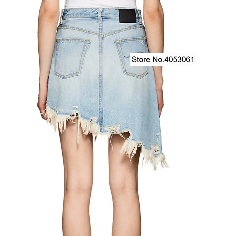 

Cotton Denim Blue Asymmetric Ripped Skirt With Frayed Hem & Hole Detail - 2019 Women Destroyed Ripped Hole Skirt