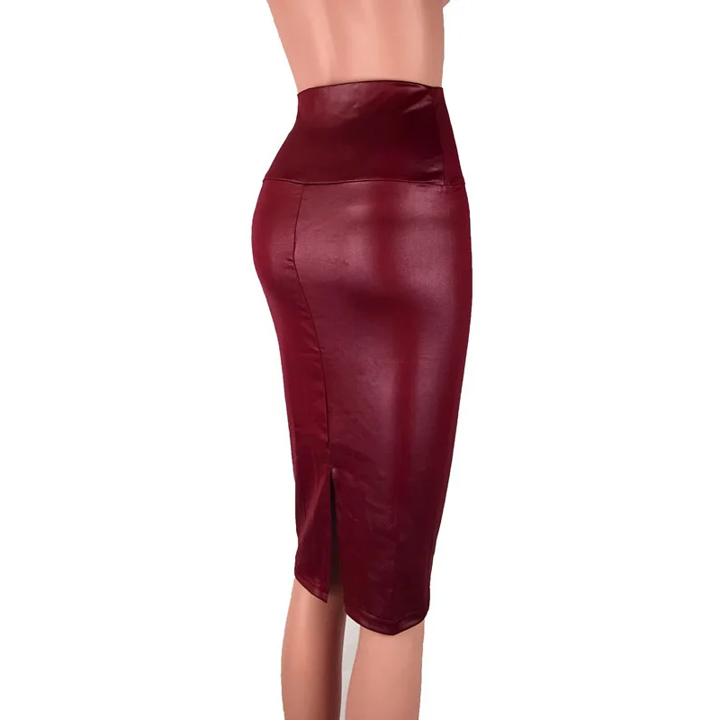 NORMOV/пикантные женские юбки, женская Юбка-миди из искусственной кожи, осенне-зимняя женская юбка-карандаш с разрезом, большие размеры - Цвет: Wine Red2