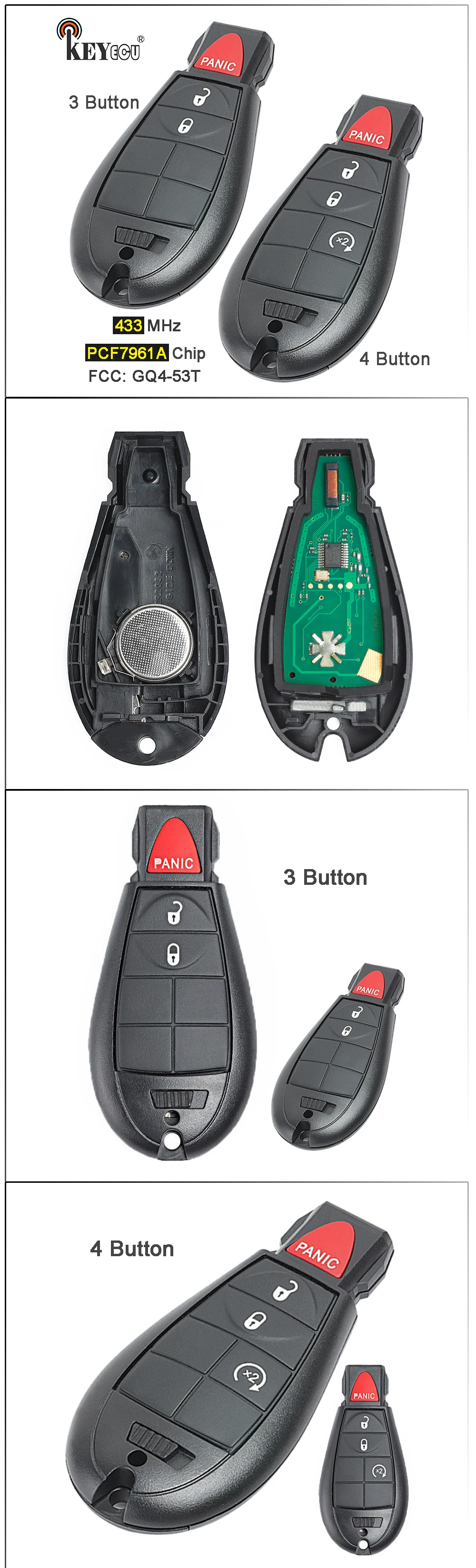 KEYECU 433 МГц PCF7961A чип FCC, аддитивного цветового пространства: GQ4-53T Замена 2+ 1 3/3+ 1 4 кнопки дистанционного ключа Fobik брелок для Dodge Оперативная память 1500 2500 3500 4500