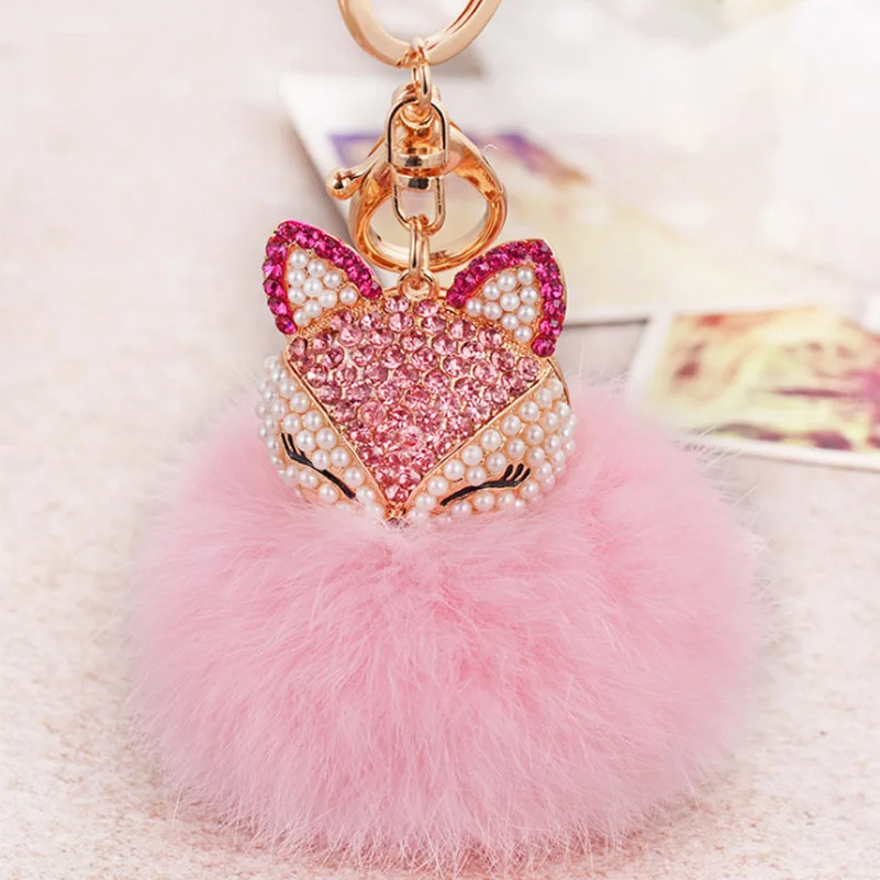 2017 New Artificial Rabbit Fur Ball Keychain Rhinestone Crystal Fox Head Pompon Trinket Key Chain Handbag