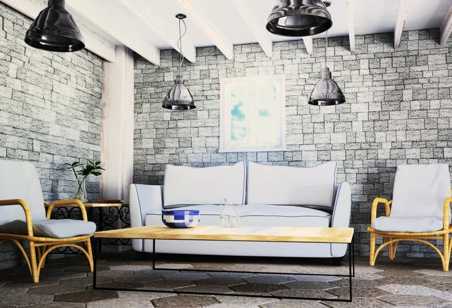 

Laeacco Modern Cozy Decor Living Room Sofa Bulb Sofa Brick Wall Interior Photo Backgrounds Photography Backdrop For Photo Studio