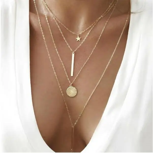 

nx542 European punk Vintage fashion personality five-pointed star word geometry round metal wind multi-layer necklace