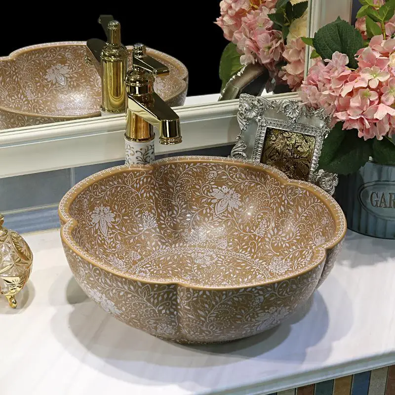 Китай художественный глазированные цветы Porcelain арт ванной комнате раковина умывальник Lavabo раковина верхняя полочка керамические Умывальник ванной комнате раковина - Цвет: only sink