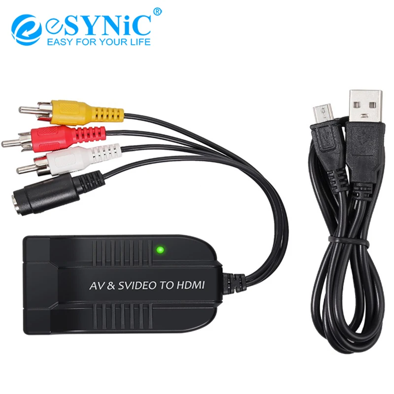 ESYNiC Мужской AV CVBS S-Video конвертер композитный 3RCA к HDMI Поддержка HDTV DVD 1080 P Micro кабель FL/FR стерео аудио адаптер