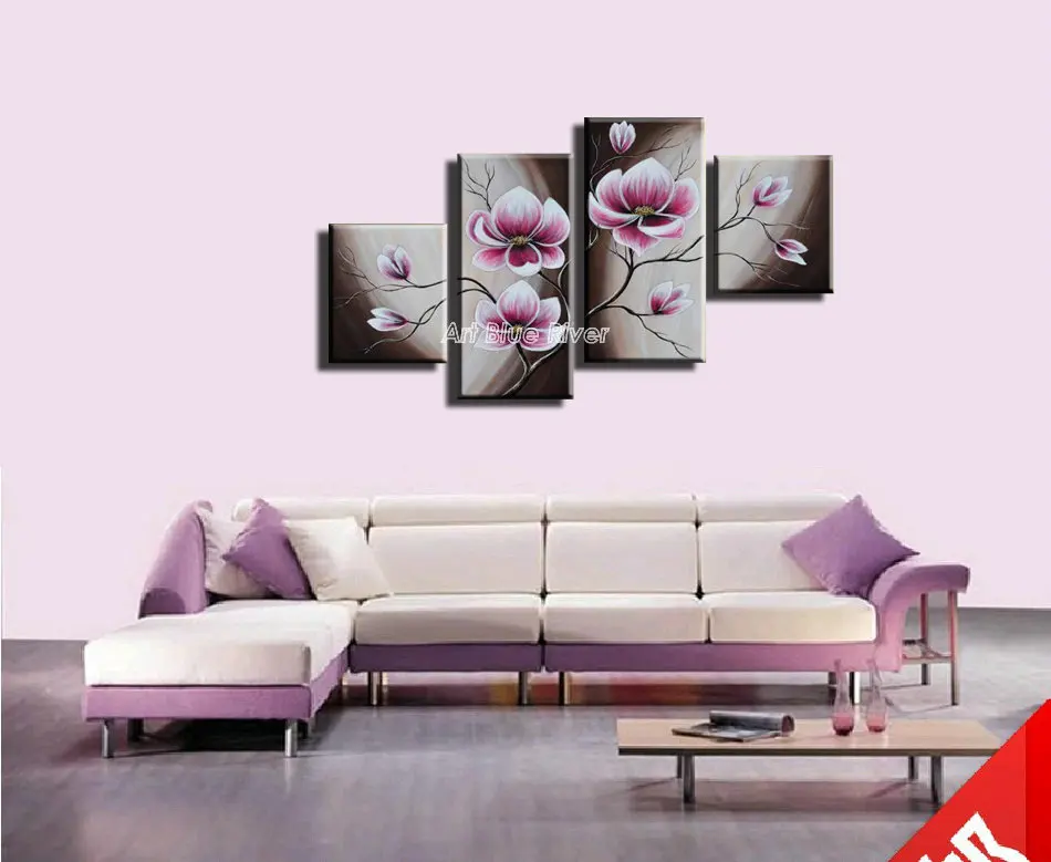 abstract modern 4 panel canvas wall art hand Purple flower decorative