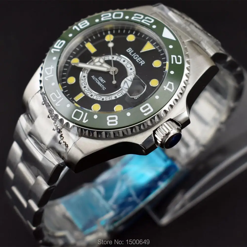 

BLIGER 43mm circle green Ceramic Rotate Bezel black dial with yellow beads function date automatic mens Wrist watch