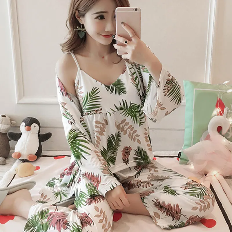 

3 Pcs Autumn Women Sexy Pajamas Set Printed Spaghetti Strap Vest Pants Gown Sleepwear GDD99