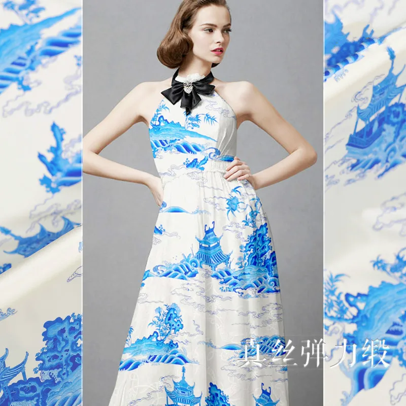 

Free shipping catwalk silk stretch satin fabric 19mm135cm wide blue fairyland silk stretch satin inkjet fabric dress JXZ