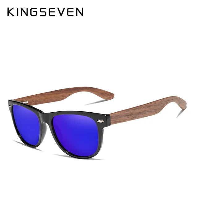 KINGSEVEN  Black Walnut Sunglasses Wood Polarized Sunglasses Men UV Protection Eyewear With Wood Box Oculos de sol DrakBlue Walnut Wood