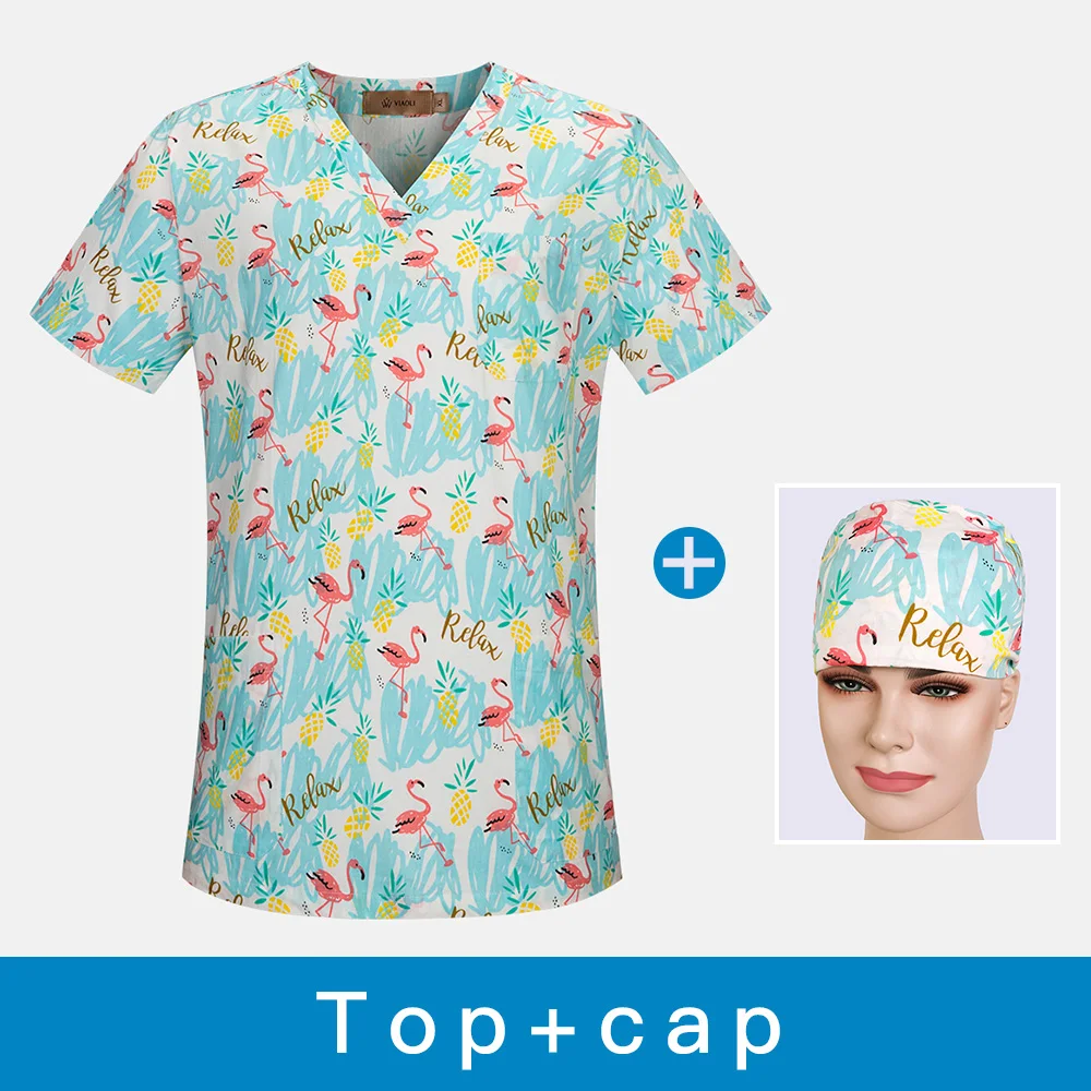 V-образный вырез, женские топы, хлопковые дышащие, с принтом фламинго, хирургическая медицинская униформа, медицинская одежда для медсестры - Цвет: top cap