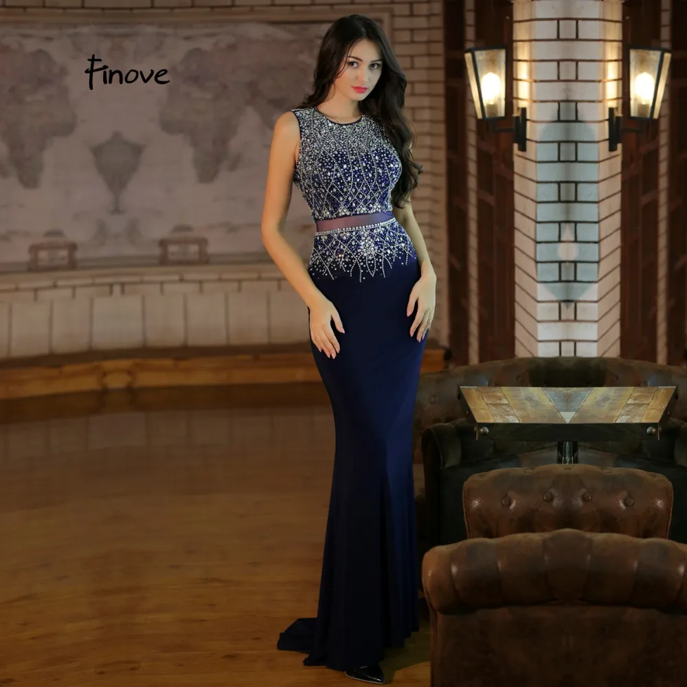 

Finove 2019 Black Mermaid Evening Dresses O Neck Beadings Prom Gowns Illusion Floor Length Vintage Graduation Party Dresses robe