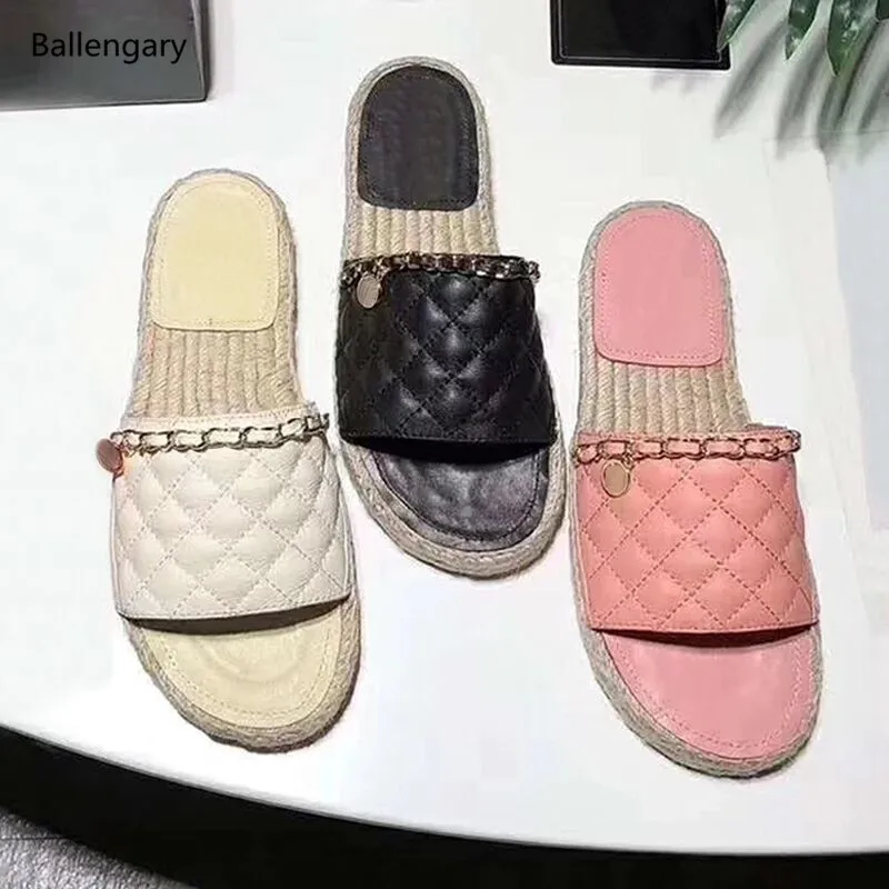 

Metal Chains Espadrilles Slides Women Slip On Sandalias Mujer Slippers Flats Casual Shoes Beach Sandals Top High Leather Loafers
