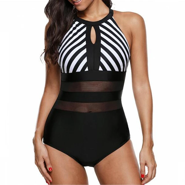 {Excellent|Wonderfull|Very Good|Very Recommended} Mesh Panel Stripe Print One Piece Swimwear Black Mesh Halter One-piece Swimsuit Women Patchwork Bandage Monokini Plus Size 5XL Discount Offers