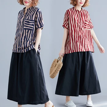 

Single Breasted Casual Two Piece Set Top And Pants Elegant O-neck Ensemble Femme Deux Pieces Striped Palazzo Pants