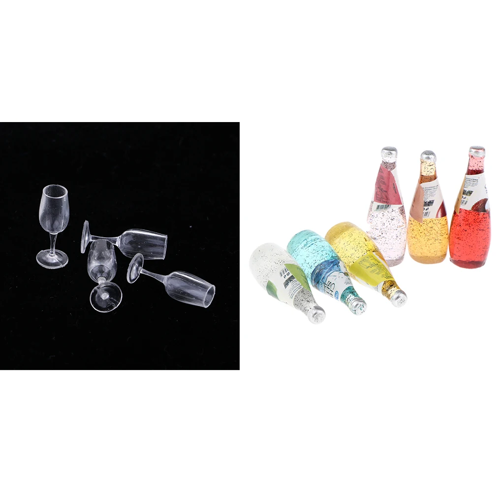 10 Pieces Cocktail Bottles & Goblets for 1/12 Scale Dollhouse Kitchen Dining Room Miniatures Accessories