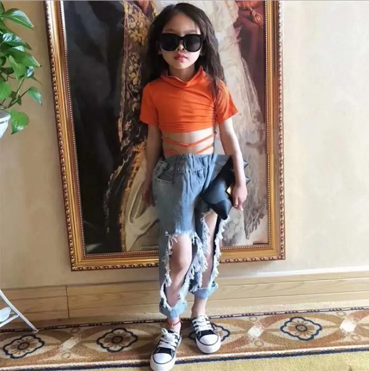 

2019 new wholesale girls denim holes pants fashion summer girls jean pants 3-8t B937