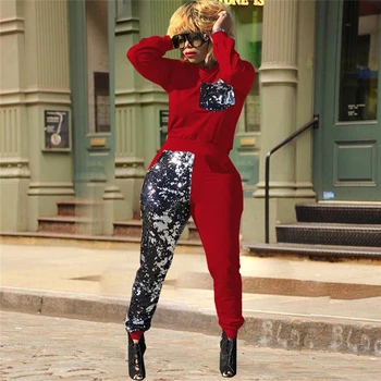

Sequins Velvet Patchwork Women 2 Piece Suit Long Sleeve Sweatshirts Top And Pants Casual Sporting Tracksuit Night Club Outfits