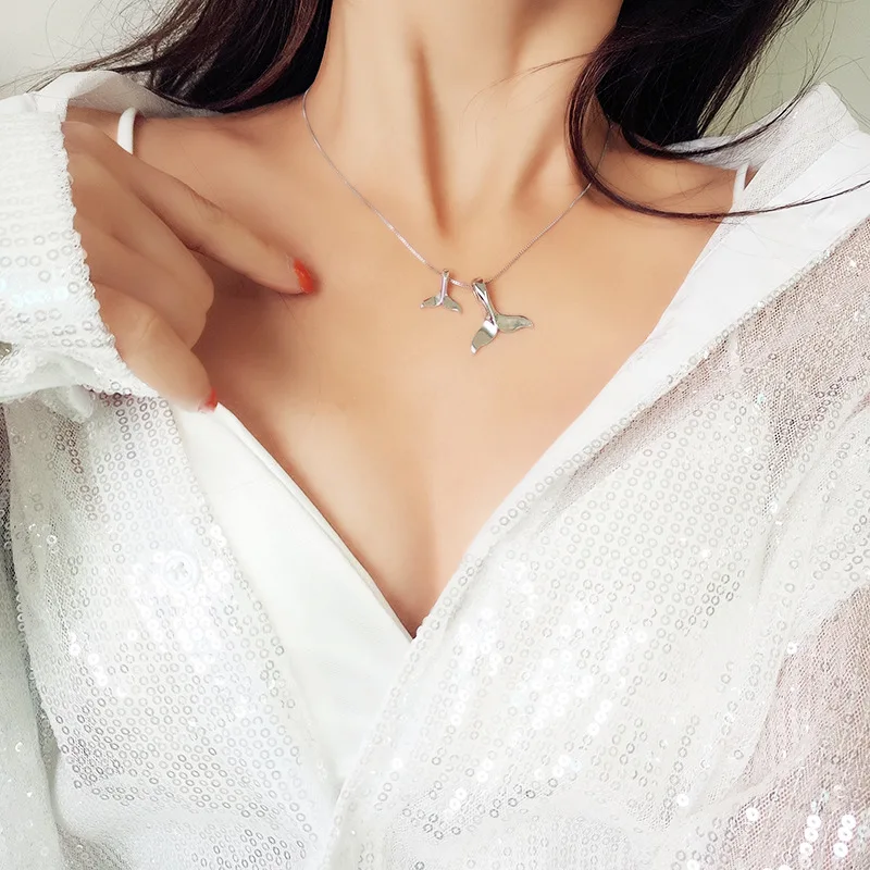

100% 925 Sterling Silver Double Whale Tail Charm Necklaces & Pendants For Women Jewelry Collares Mujer Christmas Gift dz432