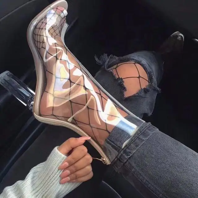 

Fashion Spring Autumn Transparent Peep Toe Mid-calf Boots Patchwork High Heel Booties Mujer Unique Design Dress Shoes Women