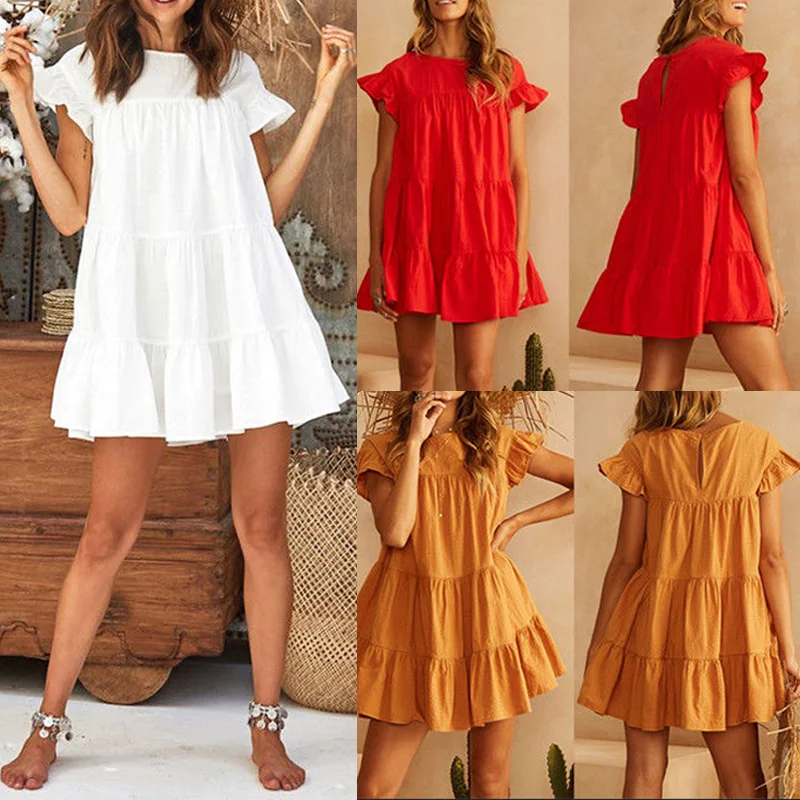 Women Casual Loose Dress Woman Summer Ruffle Cake Short Dresses Holiday Beach Party Sundress Office Ladies Homewear Vestidos