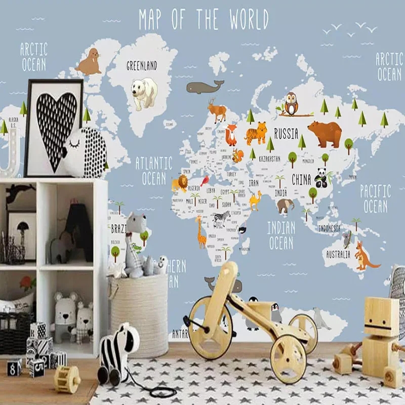 Пользовательские фото обои 3D мультфильм карта мира фрески детская спальня девочки и мальчики постельные принадлежности комната фон обои 3D декор