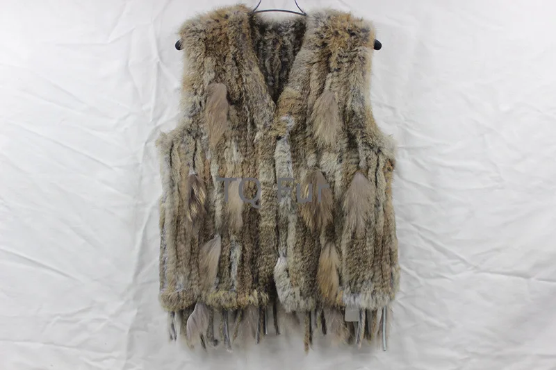 Real genuine natural knitted rabbit fur vest with raccoon fur vest women knit  fashion gilet with tassel jacket sleeveless