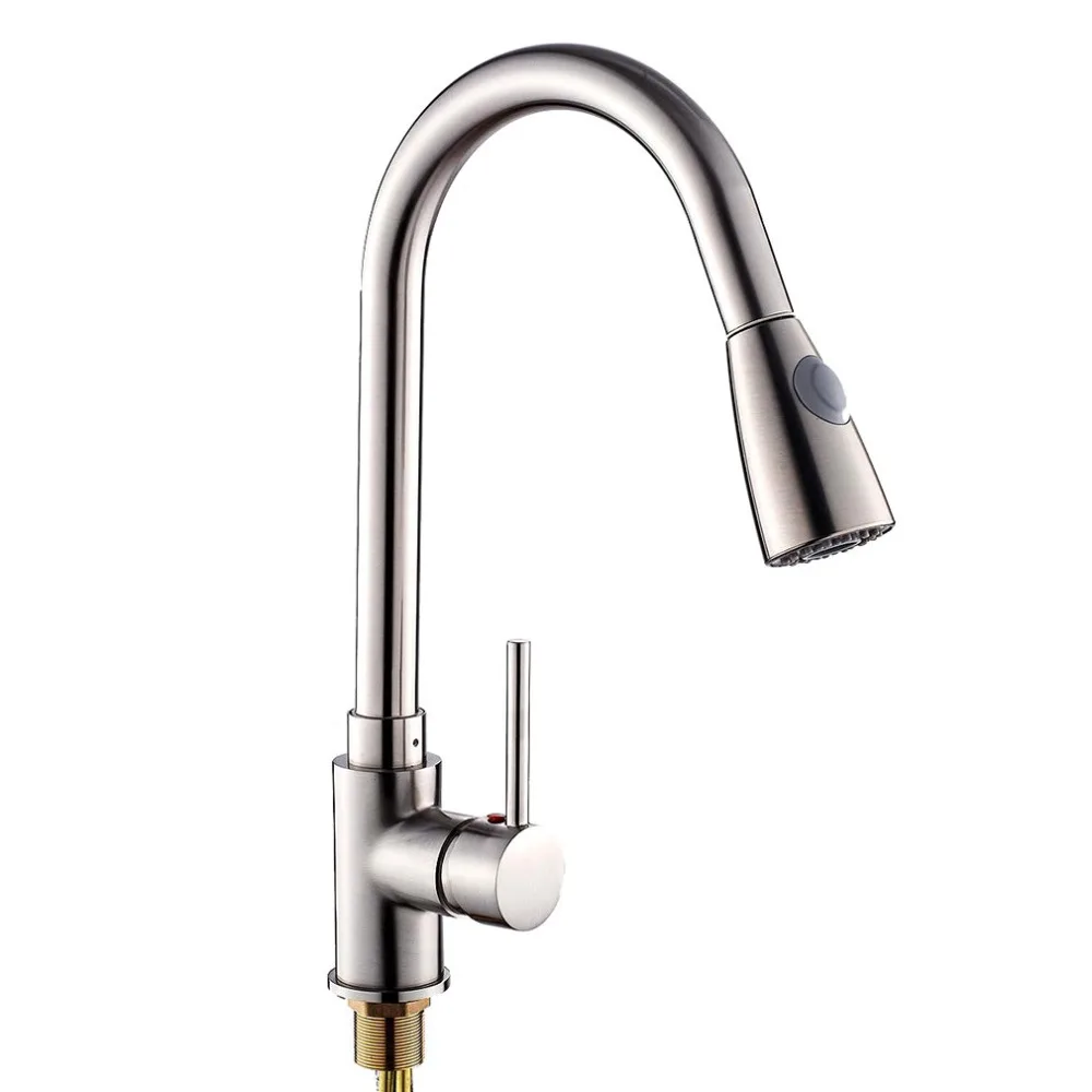 

Unique Design Pull-Out Spray Brushed Chrome Finish Kitchen Sink Faucet One Handle Spout Spray Swivel Ceramic Plate Spool