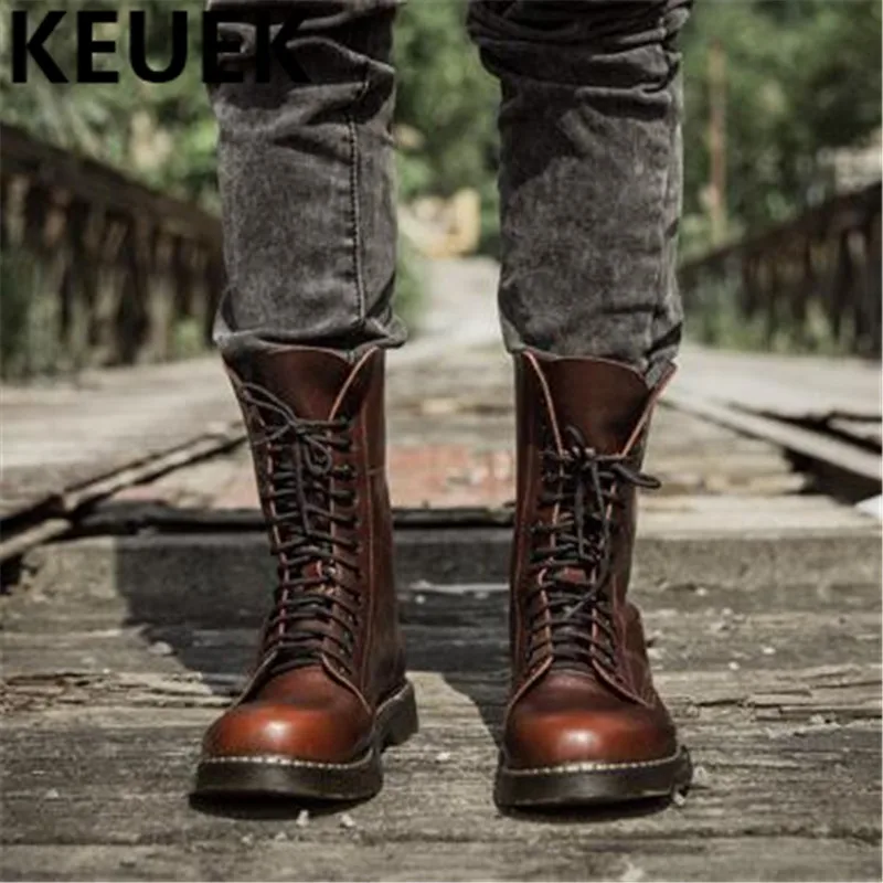 Big size Vintage Men Mid-Calf Army boots Lace-Up Genuine leather Motorcycle boots Non-slip Wear-resistant Outdoor work boots 3A