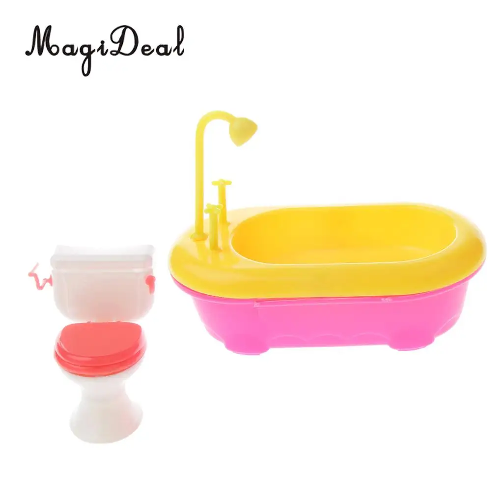 1Set 1/6 Miniature Bathtub+Toilet Model Dollhouse Miniature Bathroom Furniture for Dolls Acc Kids Children Role Playing Toys