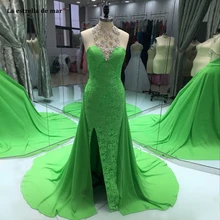 Vestidos de gala2019 высокое средства ухода за кожей шеи кружево Кристалл спинки изумрудно зеленый высокий разрез Сексуальная Русалка Выпускные