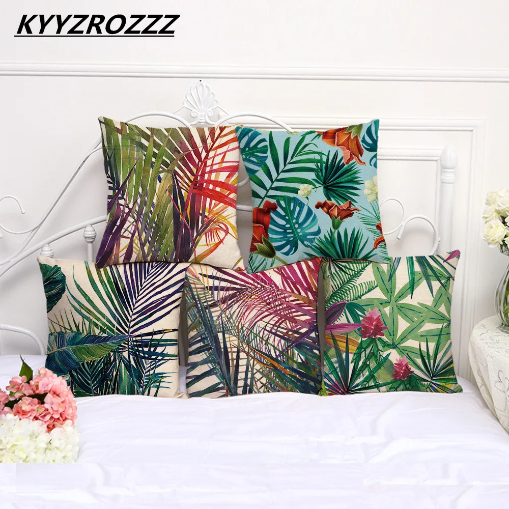 KYYZROZZZ Green Tropical Plant Leave Pillow Cover Colorful Flower Cushion Car Sofa Home Decoration | Дом и сад