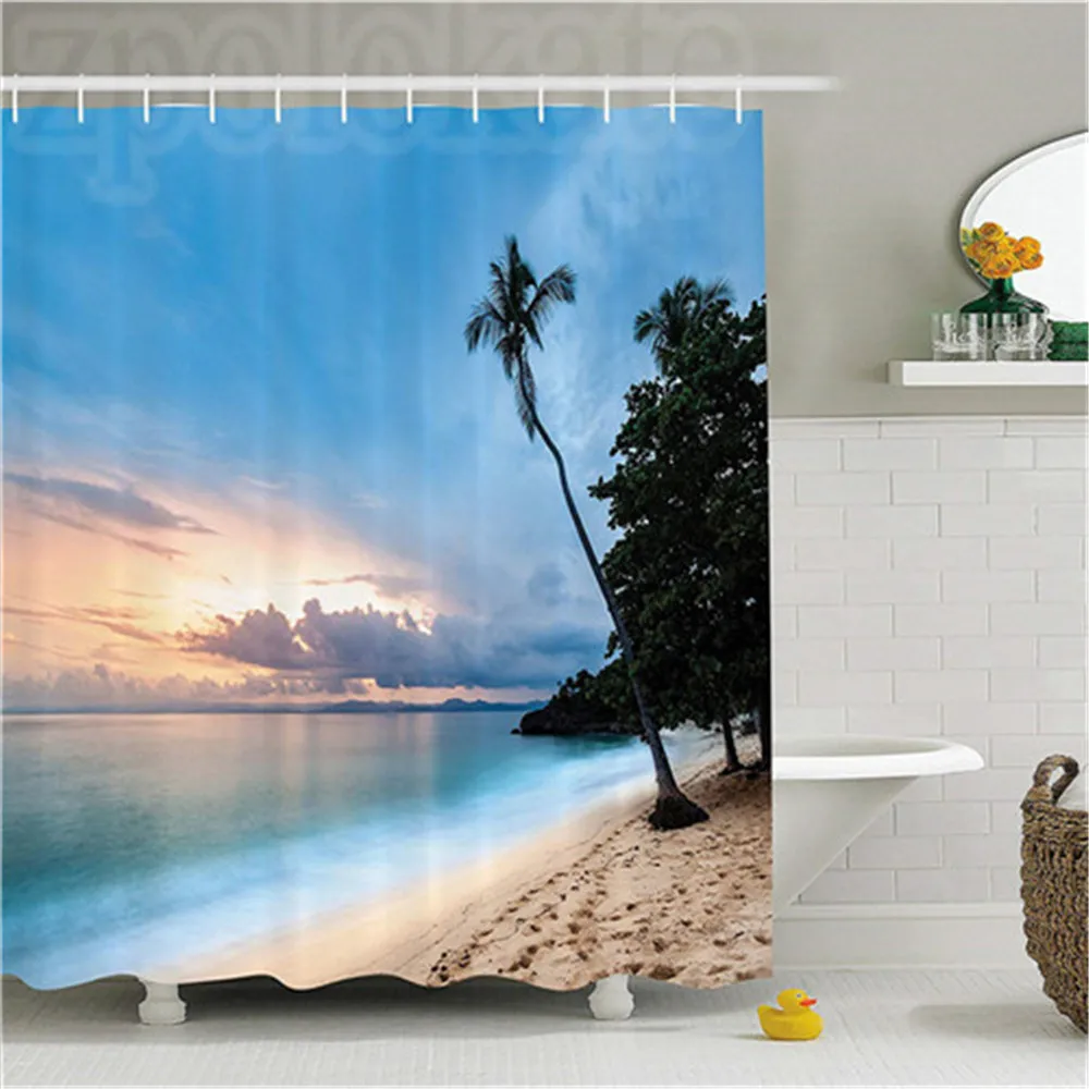 Palm Tree Decor Shower Curtain Exotic Seascape With Tree Leaning