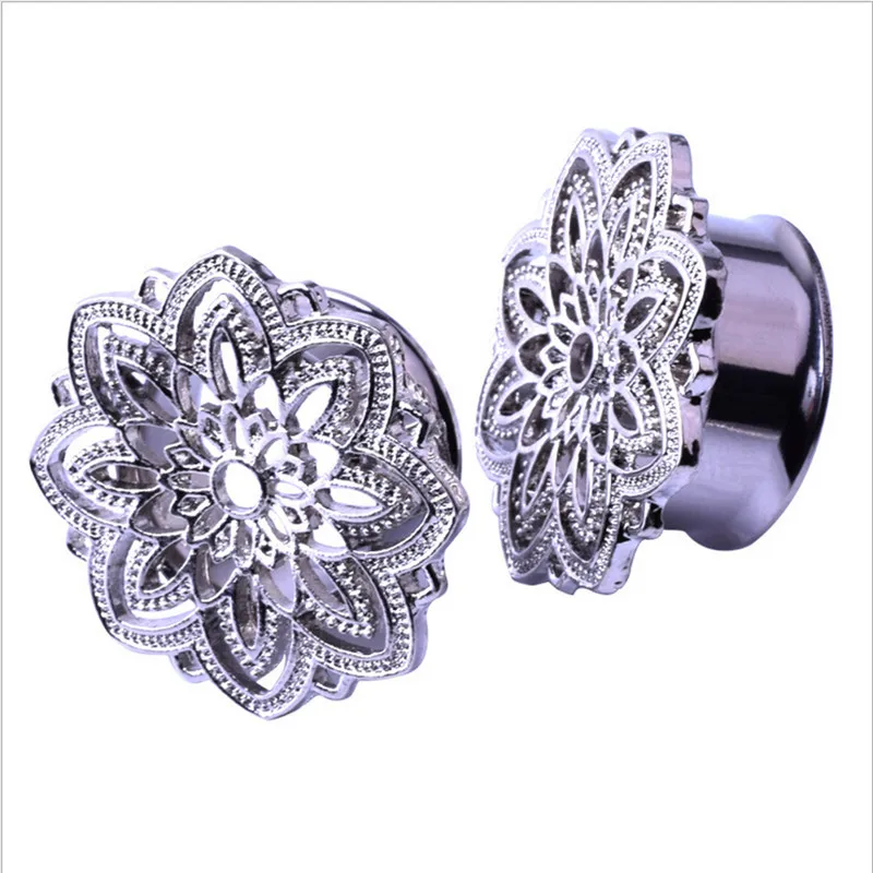 Stainless Steel Hollow Flower Ear Plugs Tunnels Flesh Expansions