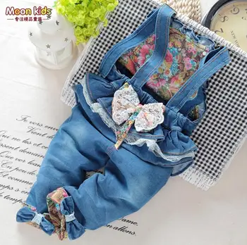 

Denim Bib Pants , Infant Jumpsuit Baby Girls Bow Free Shipping Spring and Autumn Trousers Cotton Straight Solid Elastic Waist