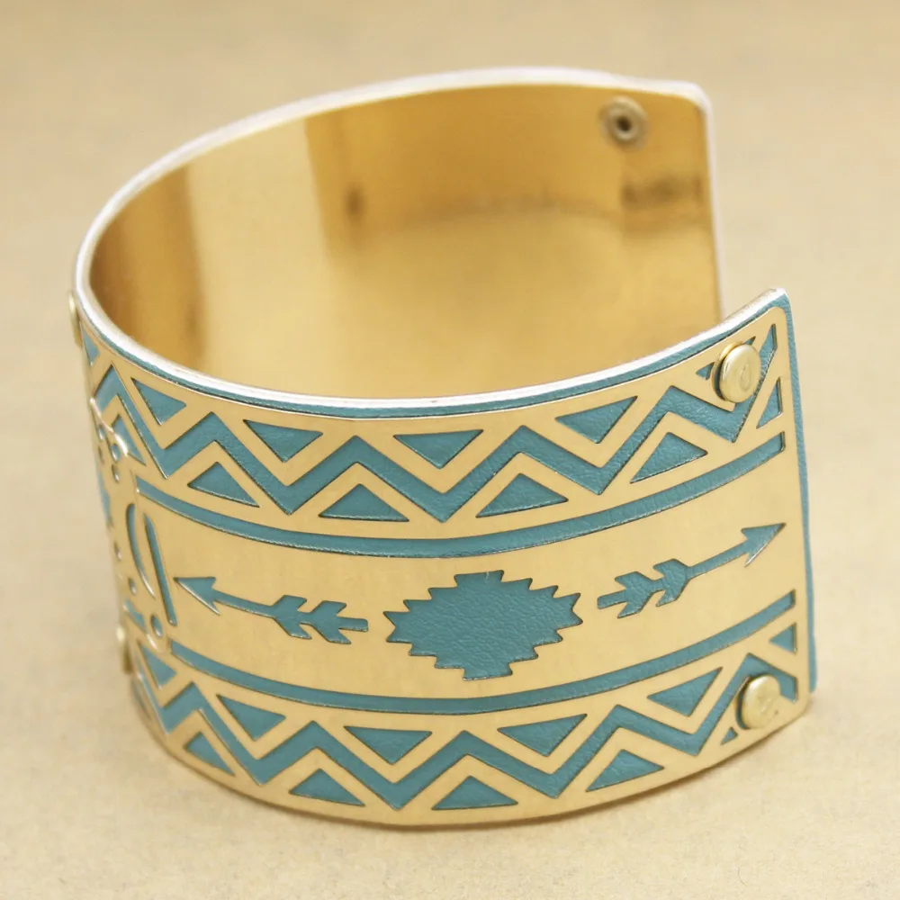 

Gold Vacation Navajo Indian Eagle Blue Leather Arrow Aztec Zuni Wide Bracelet Big Bangle Cuff Armlet Festival Bridal Belly Dance