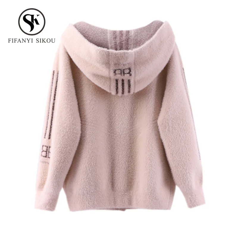 

Autumn Winter Warm Mink Cashmere Cardigan Coat Hooded Knitting Sweater Women Fashion Embroidery Loose Soft Sweaters Outerwear