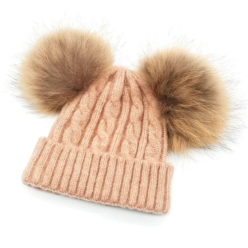 Зимняя детская шапка для девочек, шерстяная шапка с помпоном из натурального меха для мальчиков, вязаная теплая детская шапка с помпонами, детская шапочка - Цвет: Pink
