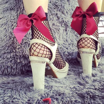 

1 pai Fish Net Short Socks Women Fashion Ruffle Large Fishnet Ankle High Bow Tie Mesh Lace Socks Aprox.14.5cm