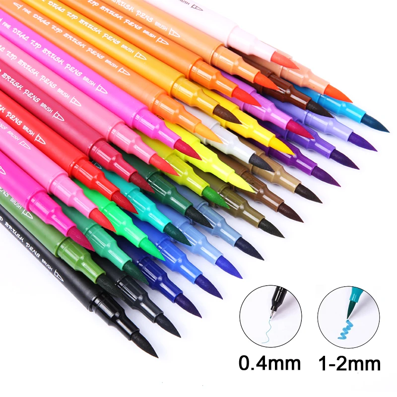 Dual Tip Markers 36 Colors Watercolor Brush Pens with 0.4 Fineliner and Highlighters Tip(1-2mm) | Канцтовары для офиса и дома