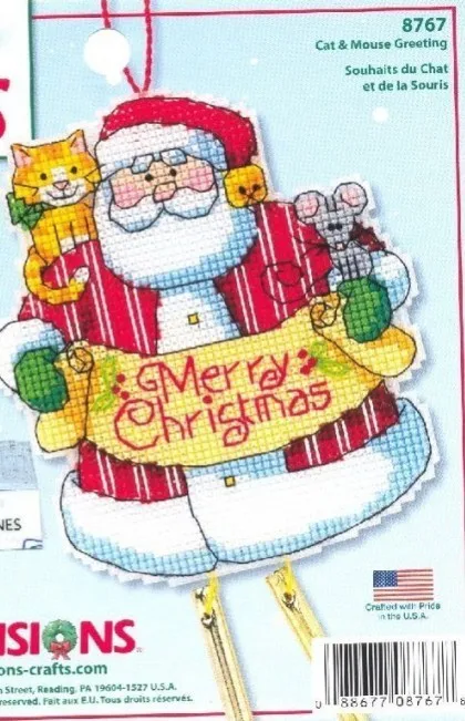 

Gold Collection Counted Cross Stitch Kit Merry Christmas Santa Cat and Mouse Greeting Wind Chimes Windbell Ornament DIM 8767