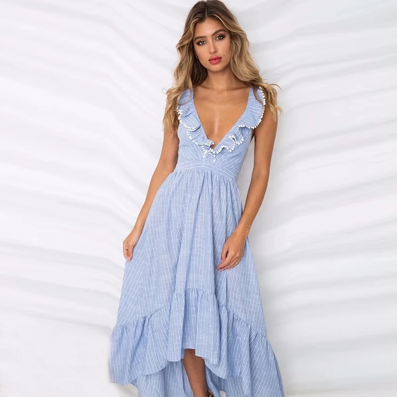 Women Summer Backless Beach Dress Blue Asymmetrical Striped Dress 2018 ...