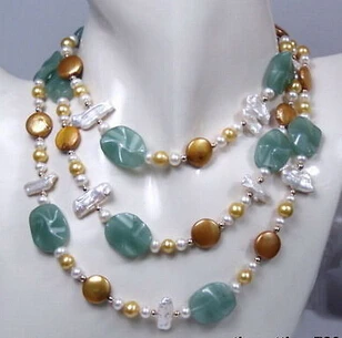 

FREE SHIPPING3 rows white golden buttony pearl green stone necklace