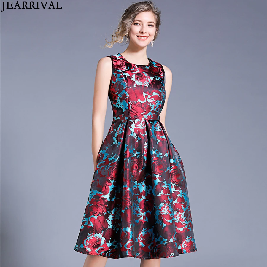 

JEARRIVAL 2019 Summer Style Women Dress Sleeveless O-Neck Flower Jacquard Vintage Sundress Slim Fashion Party Dresses Vestidos