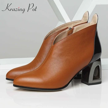 

krazing pot hot sale big size genuine leather women winter shoes fretwork high heels zipper keep warm elegant ankle boots L48