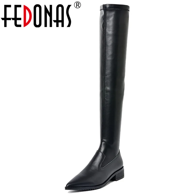 

FEDONAS 2019 New Fashion Punk Night Club Shoes Woman Round Toe Low Heels Women Over The Knee Boots Genuine Leather Party Shoes