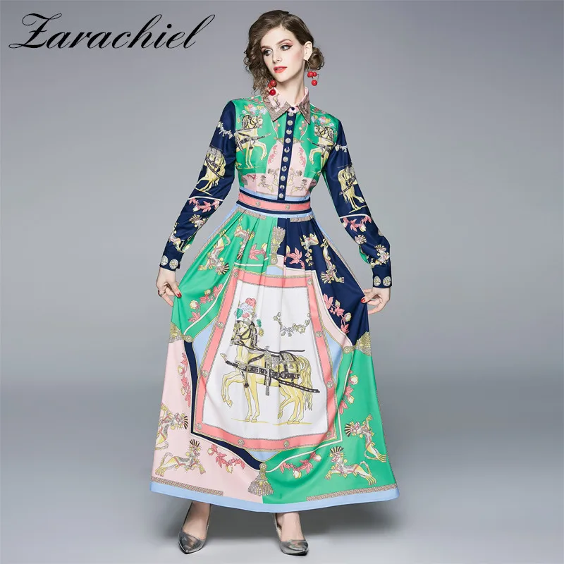 

Vintage Chic Horse Pattern Print Maxi Dress Women 2019 Fashion Turn Down Collar Long Sleeve Party Dresses Casual Long Vestidos