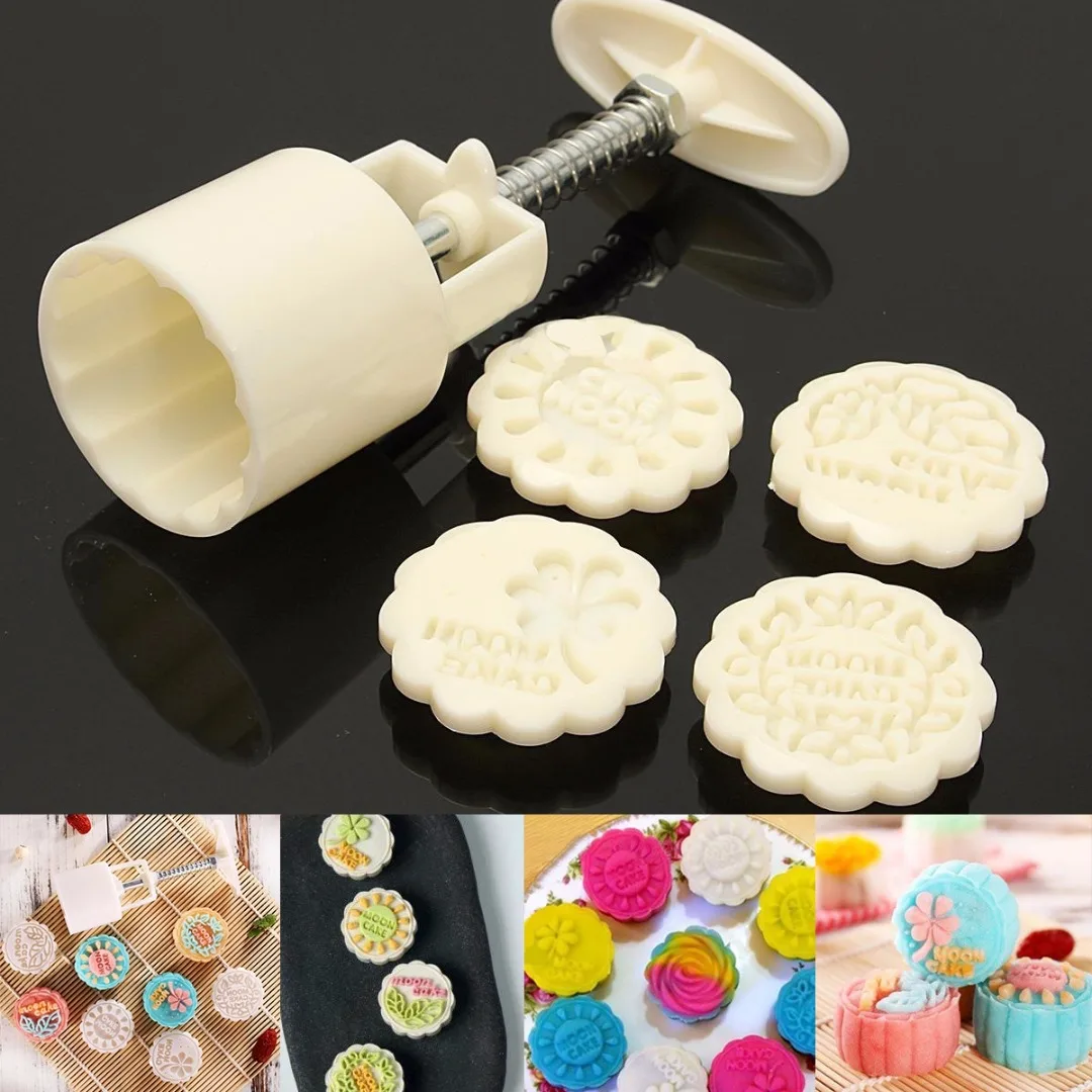 JX-LCLYL 3D Round Moon Cake Mould Set Biscuit Mooncake With 4 Stamps Home DIY Beige New