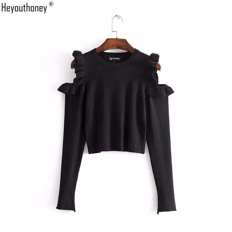 

Heyouthoney 2018 new spring ruffles out shoulder patchwork female Knitted t shirt tee long sleeve o-neck tshirt blusas harajuku